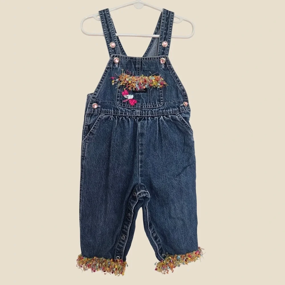 Vintage OshKosh Bgosh Denim Overalls 18M Blue Fringe Dragonfly Heart Buttons